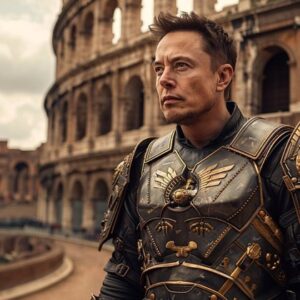 AI generated image showing Elon Musk in a gladiator suit in front of the Colosseum in Rome.