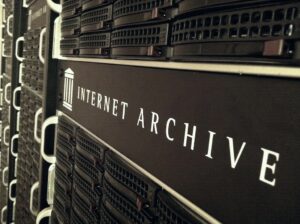 A closeup of an internet server with the logo of the Internet Archive.